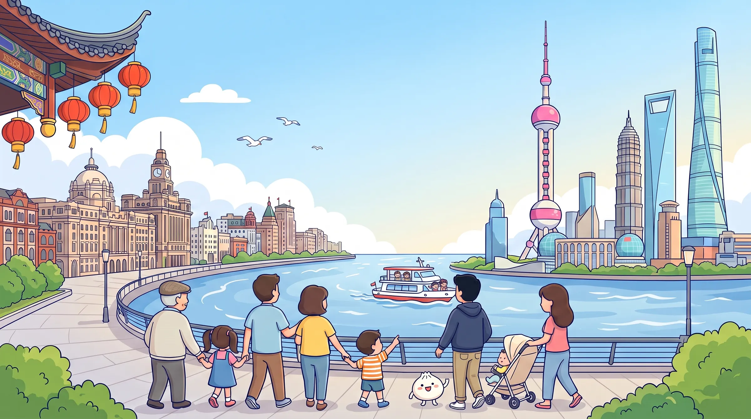 ภาพการ์ตูนครอบครัว 8 คนยืนริมเดอะบันด์ มองตึกลู่เจียจุ่ยและหอไข่มุกฝั่งตรงข้ามแม่น้ำหวงผู่